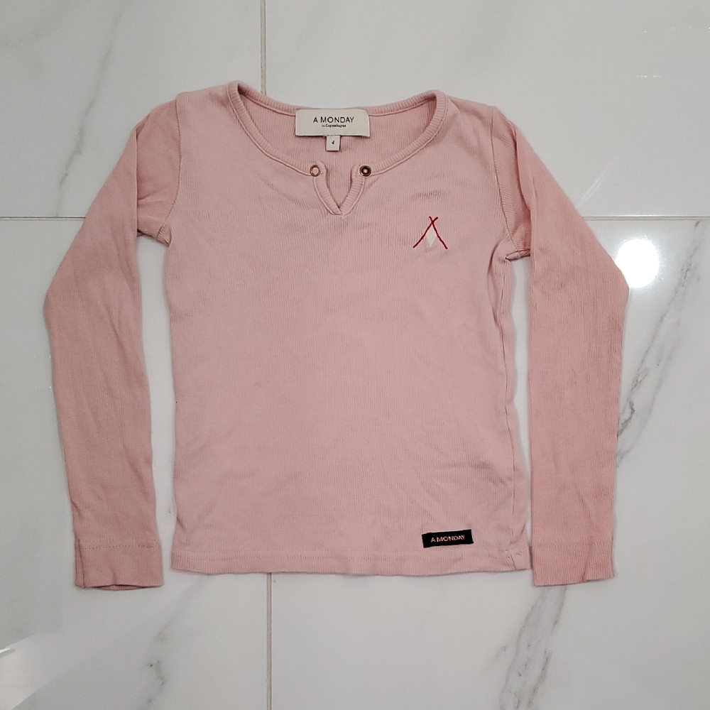 Pink Long Sleeve Crew Neck Tee with Embellished Detail